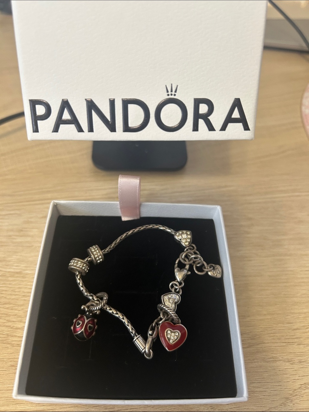 Pandora Silver Bracelet with Red Enamel Heart and Ladybug Charms